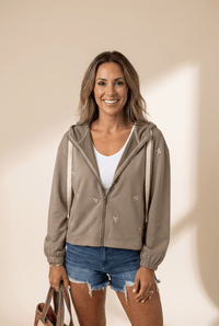 Women's Taupe Embroidered Fleece Zip-Up Hoodie Jacket