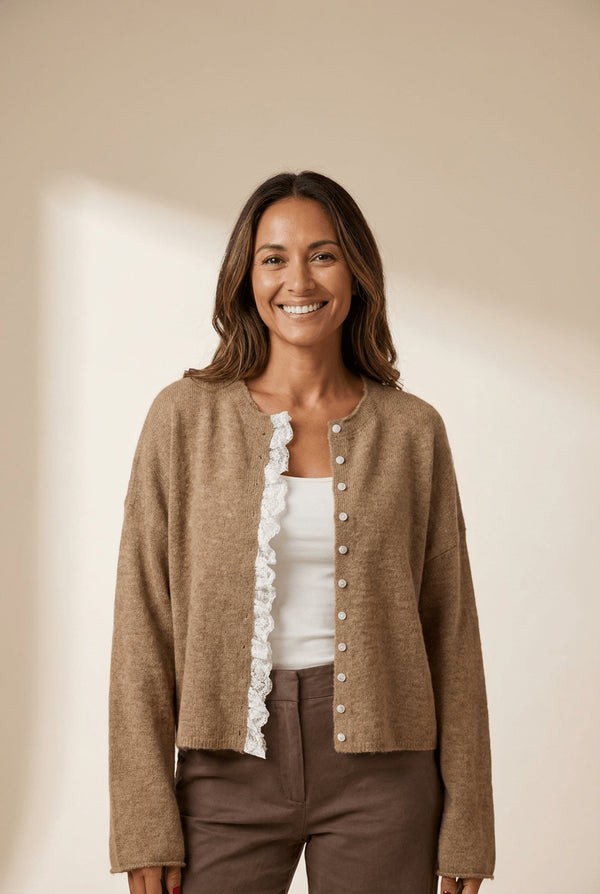 Women's Taupe Lace-Trimmed Button-Front Cardigan Sweater