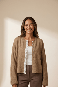 Women's Taupe Lace-Trimmed Button-Front Cardigan Sweater