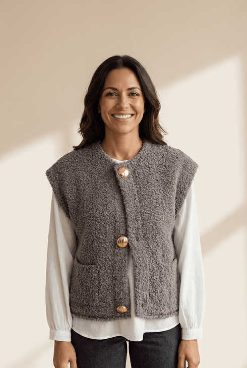 Women's Textured Bouclé Vest with Oversized Gold Buttons