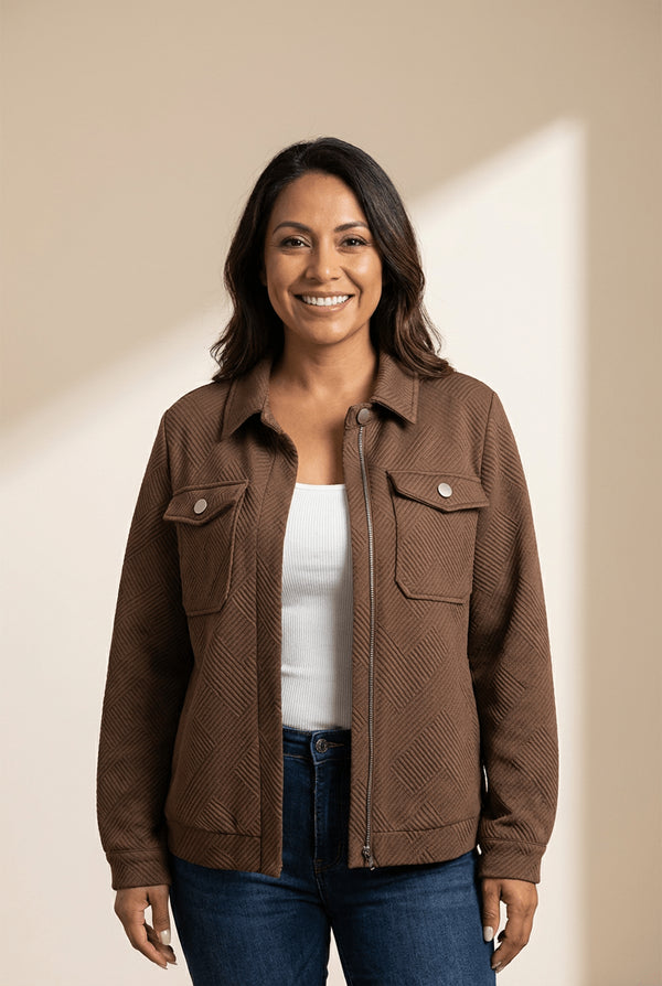 Women's Textured Coffee Zip-Up Shacket with Flap Pockets