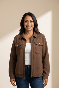 Women's Textured Coffee Zip-Up Shacket with Flap Pockets