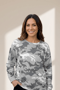 Women's Textured Gray Camouflage Drop Shoulder Waffle Knit Top