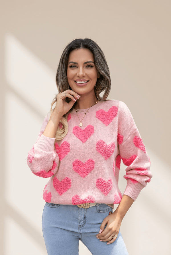 Women's Textured Heart Jacquard Knit Sweater in Light Pink