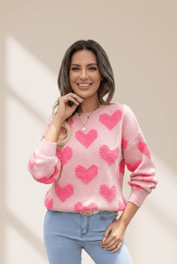 
Women's Textured Heart Jacquard Knit Sweater in Light Pink