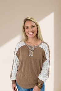 Women's Textured Khaki Knit Top with Leopard Lace Sleeves