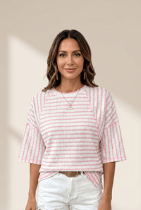 Women's Textured Pink Striped Knit Top with Raglan Sleeves