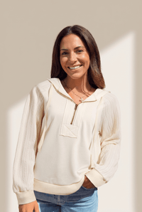 Women's Textured Sleeve Half-Zip Hoodie in Cream Cotton Blend