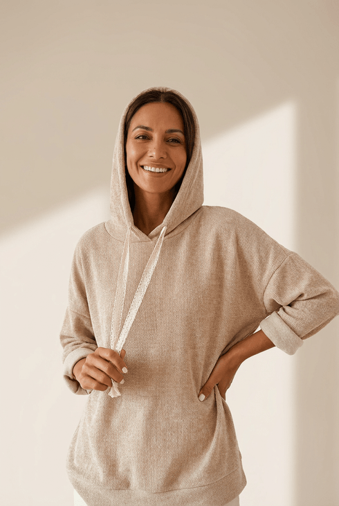 Women's Textured Thermal Lace Drawstring Hoodie in Oatmeal
