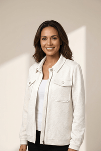 Women's Textured White Zip-Up Jacket with Utility Flap Pockets