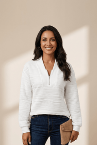 Women's Textured Zip-Neck Pullover in Cloud White