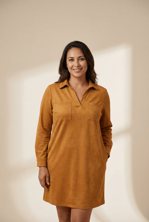 Women's Thai Curry Faux Suede V-Neck Shift Dress with Pockets