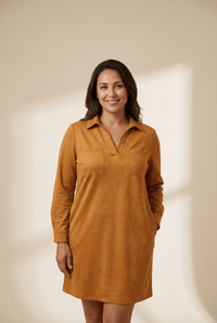Women's Thai Curry Faux Suede V-Neck Shift Dress with Pockets