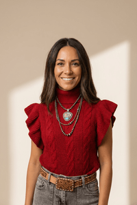 Women's Tomato Red Cable Knit Ruffle Sleeve Turtleneck Sweater