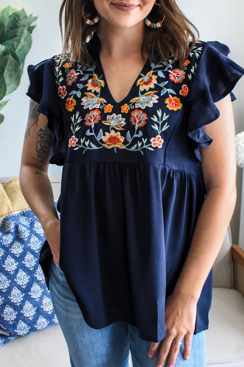 Women's Trendy Casual Floral Embroidered Babydoll Blouse in Dusty Blue with V-Neck and Ruffled Sleeves
