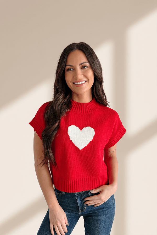 Women's Trendy Fiery Red Heart Graphic Cropped Sweater - Casual Short Sleeve Top for Valentine's Day Chic Style