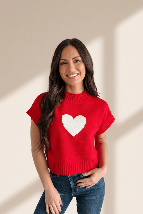 Women's Trendy Fiery Red Heart Graphic Cropped Sweater - Casual Short Sleeve Top for Valentine's Day Chic Style