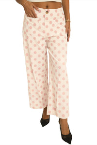 White Polka Dot Print Patched Pocket Loose Pants