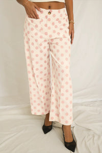 White Polka Dot Print Patched Pocket Loose Pants