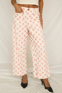White Polka Dot Print Patched Pocket Loose Pants