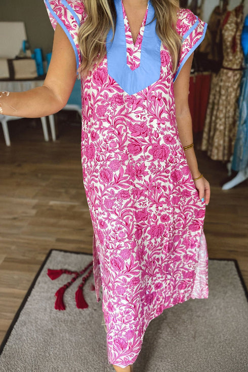 women's trendy pink floral color block midi dress - v-neck, short sleeves, perfect for summer outings and events with practical styling and dependable