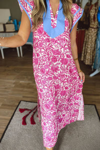 women's trendy pink floral color block midi dress - v-neck, short sleeves, perfect for summer outings and events with practical styling and dependable