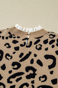 Brown Leopard Knitted Lacy Trim Cuffed Plus Size Sweater