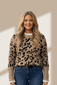 women's trendy plus size women's brown leopard knit sweater with lacy trim and cuffed sleeves for a chic look with practical styling and dependable