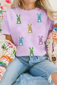 Women's Trendy Relaxed Fit Wisteria Sequin Easter Bunny Graphic Tee - Short Sleeve Stylish Top for Spring Fashion