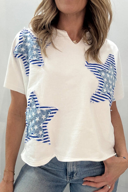 Women's Trendy White Mineral Washed Tee with Patriot Star Patches & Notched Neckline - Casual Chic Top for Everyday Wear