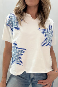 Women's Trendy White Mineral Washed Tee with Patriot Star Patches & Notched Neckline - Casual Chic Top for Everyday Wear