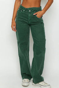 Women's Trendy Women's Green Raw Hem Shift Jeans with Stylish Crossed Waist for Effortless Casual Chic