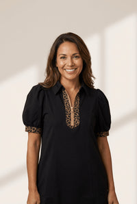 Women's Trendy Women's Leopard Print Mini Dress with Zip Collar, Short Puff Sleeves Stylish Coffee Patchwork Design