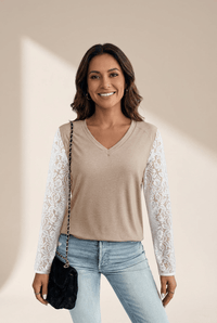 
Women's V-Neck Oatmeal Long Sleeve Top with White Floral Lace