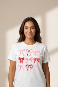 Women's Valentine's Bow Print Cotton-Blend Tee | White Short Sleeve Top