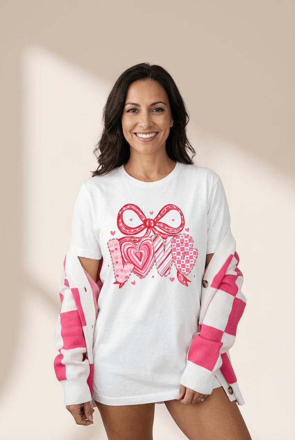 Women's Valentine's Love Graphic Tee with Bow Detail