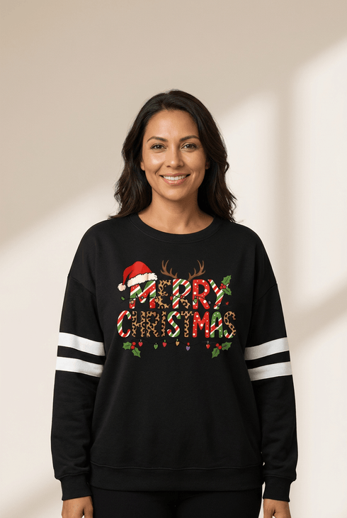 Women's Varsity Stripe Christmas Graphic Sweatshirt in Black
