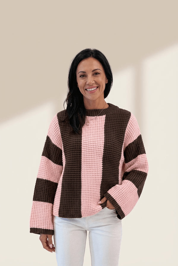 Women's Vertical Stripe Cotton-Blend Thermal Sweater in Chocolate