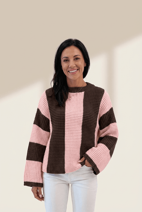 Women's Vertical Stripe Cotton-Blend Thermal Sweater in Chocolate