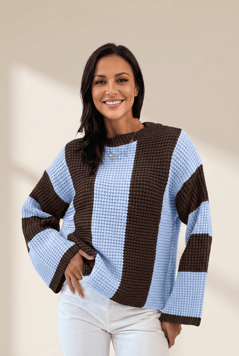 Women's Vertical Stripe Thermal Knit Drop Shoulder Sweater