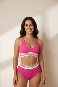 Women's Vibrant Pink Ribbed High-Waist Bikini with Tribal Trim