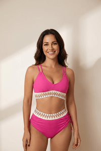 Women's Vibrant Pink Ribbed High-Waist Bikini with Tribal Trim