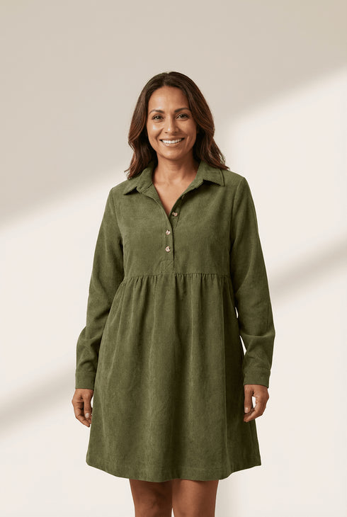 Women's Vineyard Green Corduroy A-Line Mini Dress with Collar