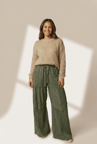 Women's Vineyard Green Mineral Wash Wide-Leg Patchwork Trousers