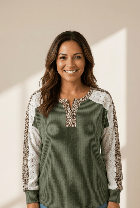 Women's Vineyard Green Ribbed Henley with Leopard and Lace Patchwork with practical styling and dependable silhouette control.