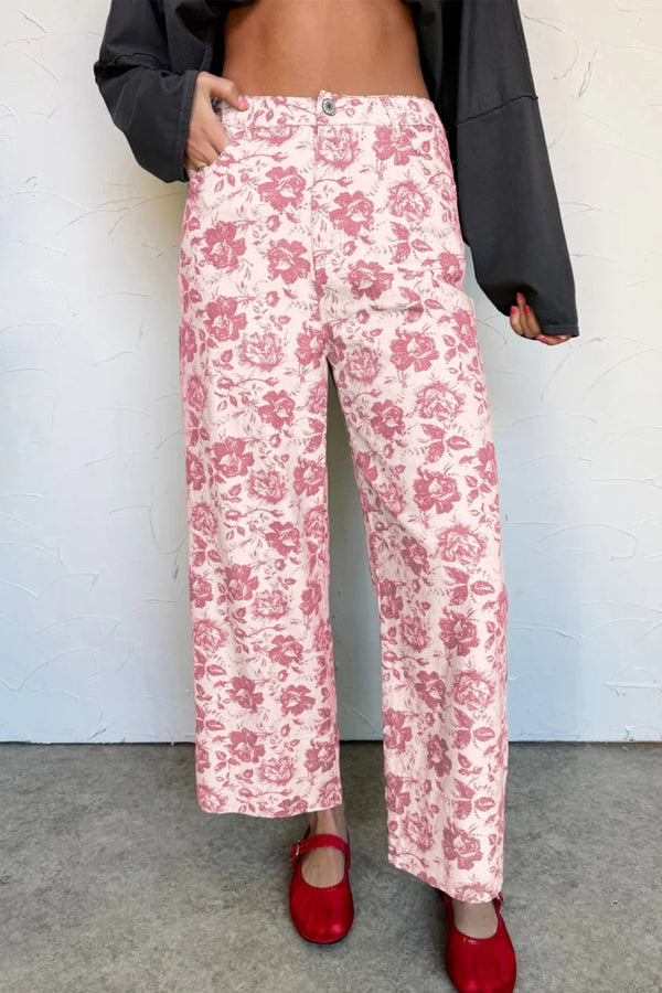 Women's Pink Floral Print High-Rise Straight Leg Denim Pants