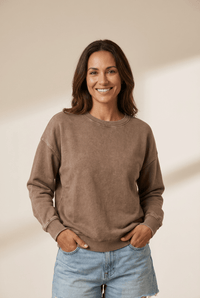 Women's Vintage Mineral Wash Drop Shoulder Sweatshirt in Mocha