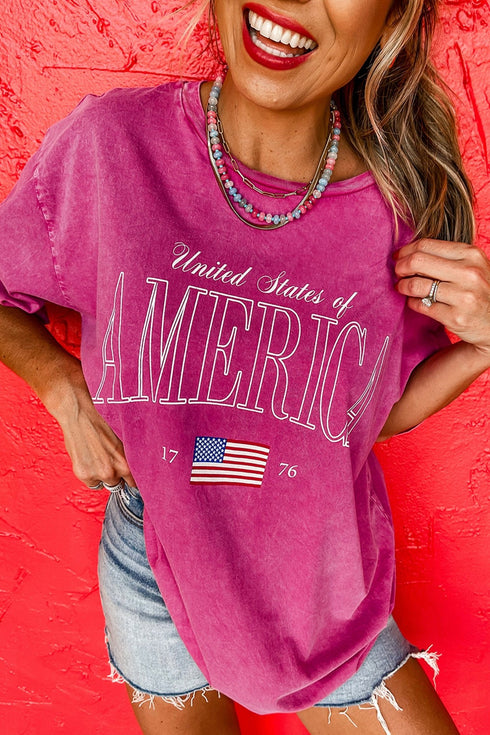 Women's Vintage Style Rose Red 1776 Graphic Tee - Relaxed Fit, Mineral Wash Cotton for Effortless Everyday Style