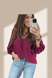 Women's Violet V-Neck Blouse with Leopard Trim and Flounced Sleeves with practical styling and dependable silhouette control.