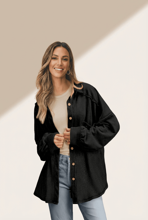 Women's Waffle Knit Oversized Patchwork Shacket in Midnight Black